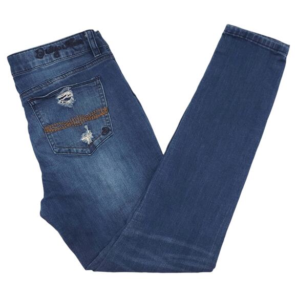 Indigo Rein Jeans Womens 7 Juniors Blue Skinny Distressed Stretch Denim Whiskers - Picture 1 of 13